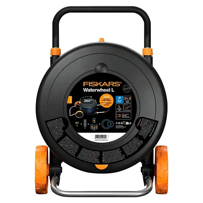 Fiskars Schlauchtrommel L Comfort - Schlauchlänge: 30 m - Abgebildet ist eine Fiskars Waterwheel L Gartenschlauchbox mit Rädern, um 360° schwenkbar und sofort einsatzbereit.