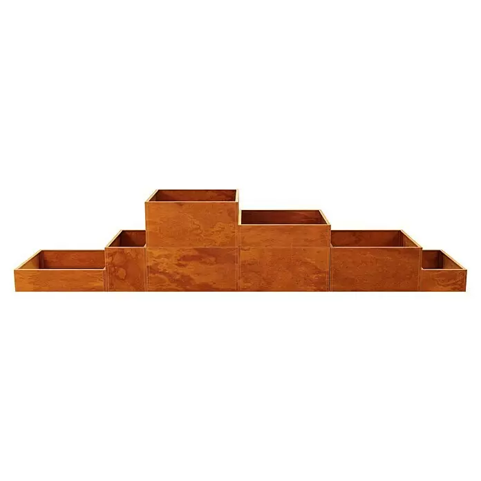 Palatino Hochbeet Scala Landschaft - 490 x 100 x 100 cm, Stahl, Rostbraun - Brauner Holz-Stufen-Organizer mit mehreren offenen Fächern für Schreibtisch oder Präsentation.