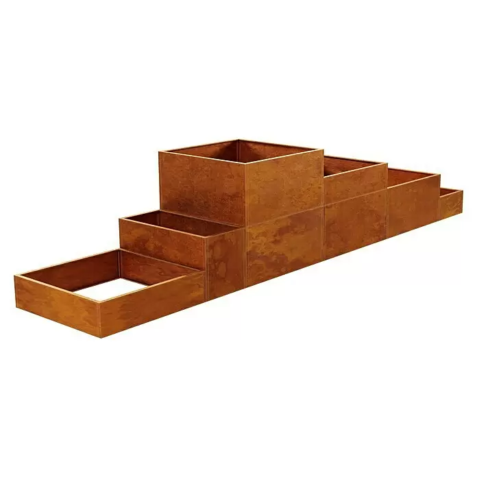 Palatino Hochbeet Scala Landschaft - 490 x 100 x 100 cm, Stahl, Rostbraun - Gestufte rechteckige Pflanzgefäße aus rotbraunem Cortenstahl, für Pflanzen geeignet.