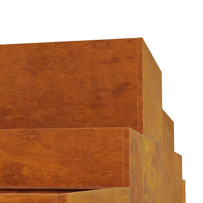 Palatino Hochbeet Scala Landschaft - 490 x 100 x 100 cm, Stahl, Rostbraun - Nahaufnahme eines mehrschichtigen Pflanzgefäßes aus Cortenstahl mit rostiger Textur und klarer Kantendarstellung.
