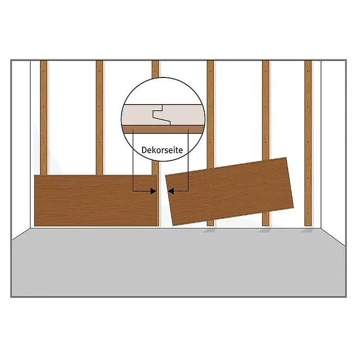 Egger Wandpaneel DecoWall - Namur Fichte Natur, 125 cm x 66 cm x 12 mm - Illustration von Paneelen mit Nut- und Federverbindung zur Wandmontage, Detailansicht der "Dekorseite".