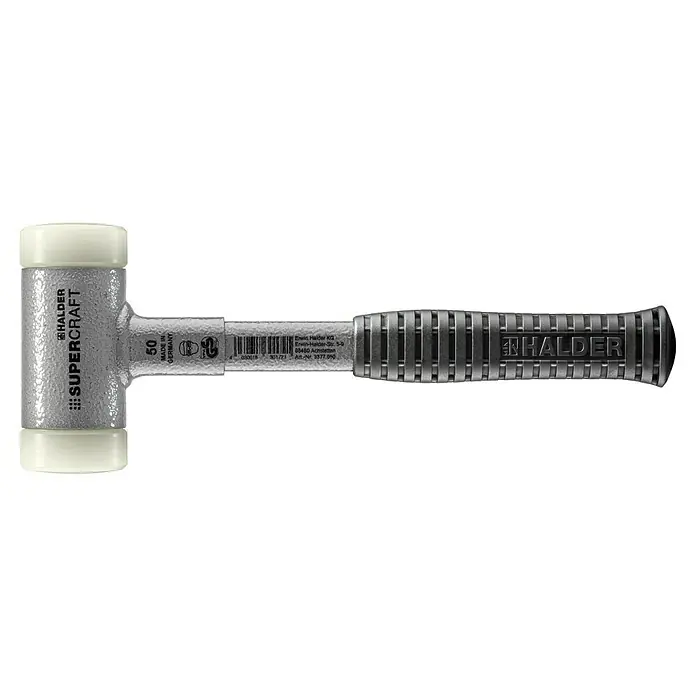 Halder Supercraft Schonhammer - Durchmesser Kopf: 50 mm, Hart - Abbildung eines Halder SUPERCRAFT Schonhammers mit grauem Metallkopf und weißem Schlagflächen, ideal für Montagearbeiten.