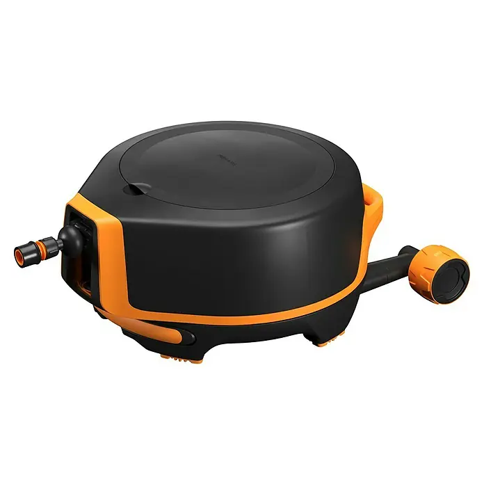 Fiskars X-series Automatische Schlauchtrommel XL mit Rädern - Schlauchlänge: 25 m - Automatische Schlauchtrommel von Fiskars, schwarz und orange, für eine ordentliche und einfache Aufbewahrung des Gartenschlauchs.