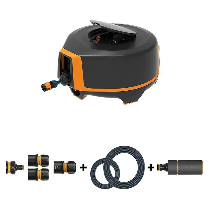 Fiskars X-series Automatische Schlauchtrommel XL - Schlauchlänge: 25 m - Automatische Schlauchtrommel mit Gartenschlauch und Zubehör für die Gartenbewässerung. Praktisches Komplettset in Schwarz und Orange.