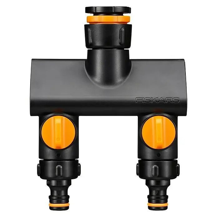 Fiskars 2-Wege-Ventil - Ø 21 mm (G 1/2"), Ø 26,5 mm (G 3/4") und Ø 33,3 mm (G 1") - Fiskars Wasserverteiler mit zwei Ausgängen für eine flexible Bewässerung im Garten. Praktisch und robust.