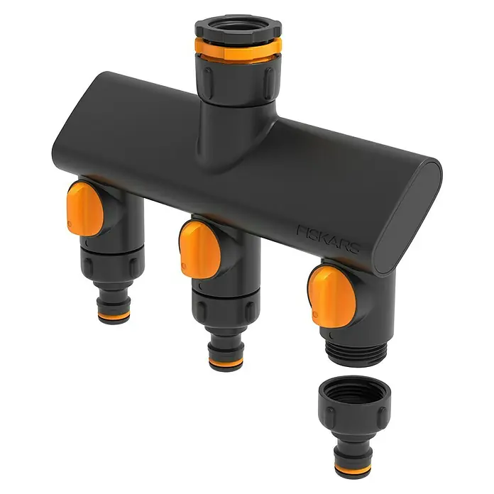 Fiskars 3-Wege-Umschaltventil - Ø 21 mm (G 1/2"), Ø 26,5 mm (G 3/4"), Ø 33,3 mm (G 1") - Schwarzer Fiskars-Wasserverteiler mit orangenen Details, ideal für die Gartenbewässerung mit mehreren Anschlüssen. Praktisch und langlebig.