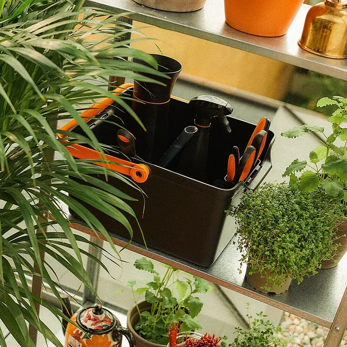 Fiskars Garten-Aufbewahrungsbox für Pflanzgeräte - L x B x H: 35,3 cm x 31,1 mm x 17,4 cm, Kunststoff - Werkzeugkasten mit Gartengeräten auf einem Regal, umgeben von Grünpflanzen. Ideal für die Gartenarbeit und Pflanzenpflege.