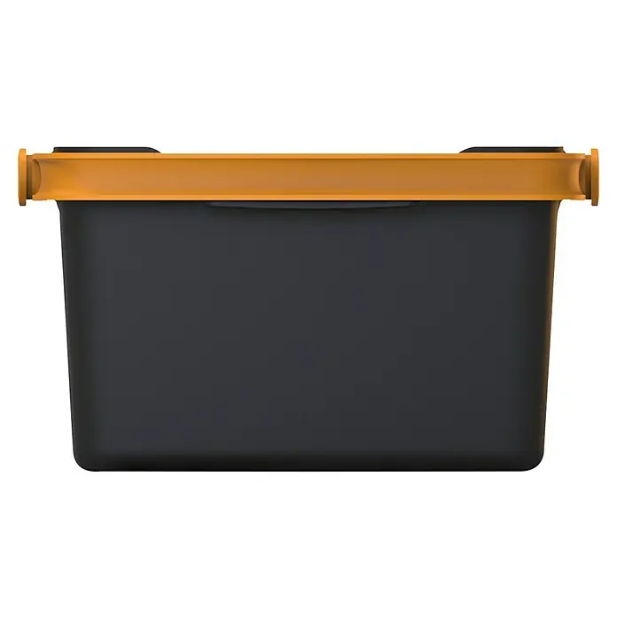Fiskars Garten-Aufbewahrungsbox für Pflanzgeräte - L x B x H: 35,3 cm x 31,1 mm x 17,4 cm, Kunststoff - Schwarzer Behälter mit orangefarbenem Deckel.