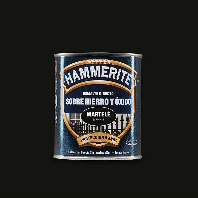 Hammerite Esmalte para metal Hierro y Óxido - Negro, 250 ml, Efecto martelé - Bote de pintura Hammerite Directo al óxido para hierro y óxido, color negro, 8 años de protección.