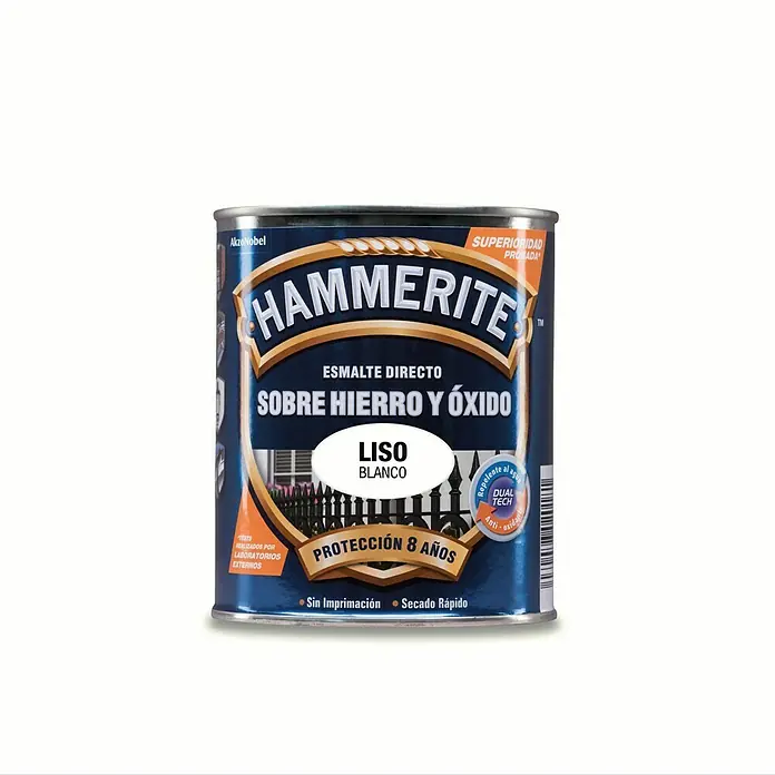 Hammerite Esmalte para metal Hierro y Óxido - Blanco, 2,5 l, Efecto liso - Bote de pintura Hammerite Directo al Óxido, color blanco, protege el hierro y el acero del óxido, no necesita imprimación, repelente al agua y secado rápido.