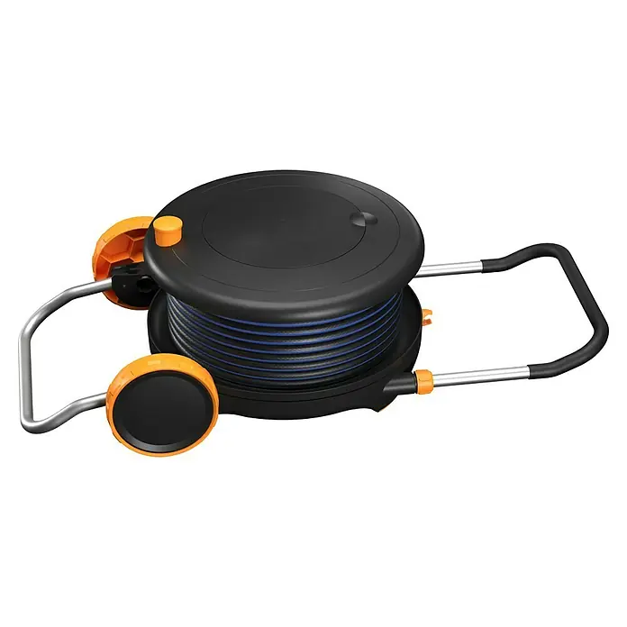 Fiskars Schlauchtrommel M Comfort - Schlauchlänge: 21,5 m - Schwarze und orangefarbene Schlauchtrommel mit einem robusten Design, ideal für die Gartenarbeit und einfache Aufbewahrung des Schlauchs.