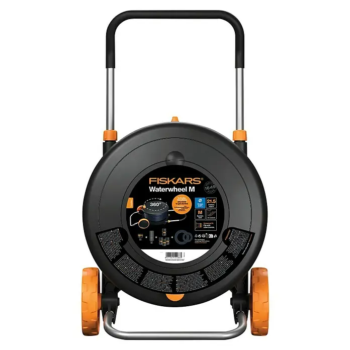 Fiskars Schlauchtrommel M Comfort - Schlauchlänge: 21,5 m - Abbildung einer Fiskars Waterwheel M Gartenschlauchbox.