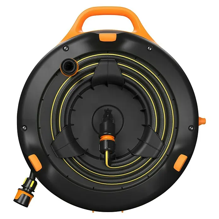 Fiskars Schlauchtrommel S Comfort - Schlauchlänge: 15 m - Bild einer schwarzen und orangefarbenen Gartenschlauchbox mit Schlauch. Ideal für die Gartenarbeit und Bewässerung.