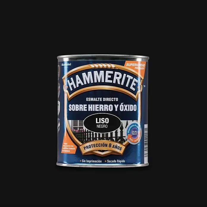 Hammerite Esmalte para metal Hierro y Óxido - Negro, 250 ml, Efecto liso - Esmalte Hammerite directo sobre hierro y óxido, negro liso, protección 8 años, ideal para metal.