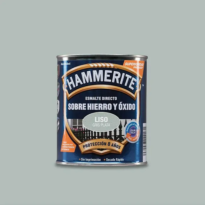 Hammerite Esmalte para metal Hierro y Óxido - Gris plateado, 2,5 l, Efecto liso - Bote de pintura para metal Hammerite Directo sobre óxido, color Liso Gris Plata, protección 8 años, sin imprimación, secado rápido.