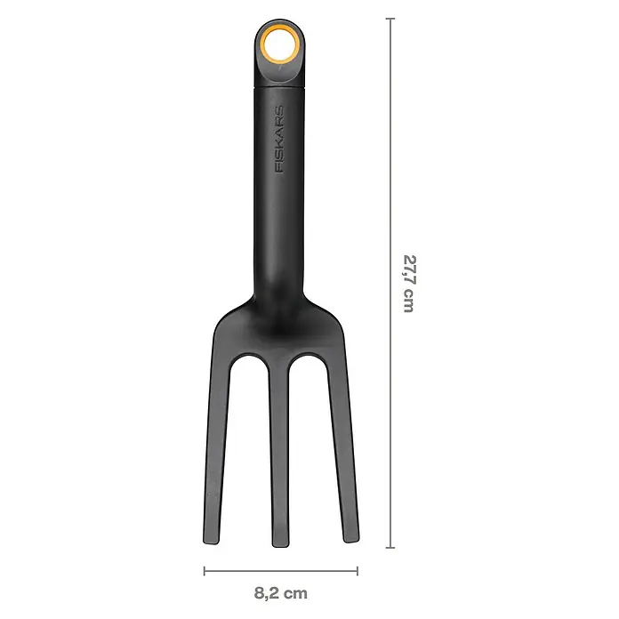 Fiskars Solid Hand-Kleinrechen - 27,7 cm - Fiskars Unkrautgabel mit ergonomischem Griff und Maßen. Die Gabel ist schwarz mit einem orangen Akzent am Griffende und hat eine Länge von 27,7 cm.