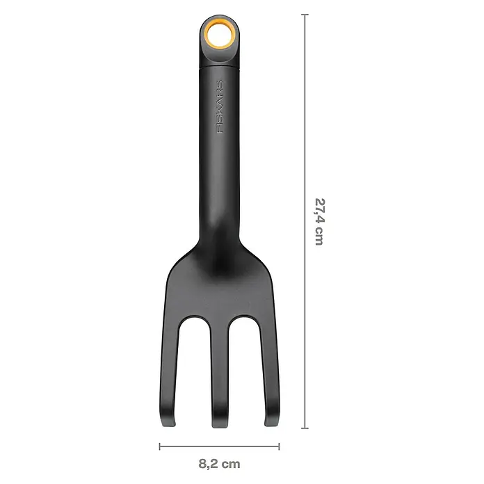 Fiskars Solid Handgabel - 27,4 cm - Schwarze Fiskars Gartenkralle mit drei Zinken und einem orangefarbenen Aufhängeloch am Griff. Ideal für die Gartenarbeit.