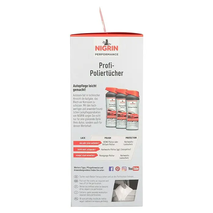 Nigrin Performance Poliertücher - 50 Stk., Fusselfrei - Nigrin Performance Profi-Poliertücher Verpackung mit Anwendungsanleitung und Produktinformationen für Autopflege.