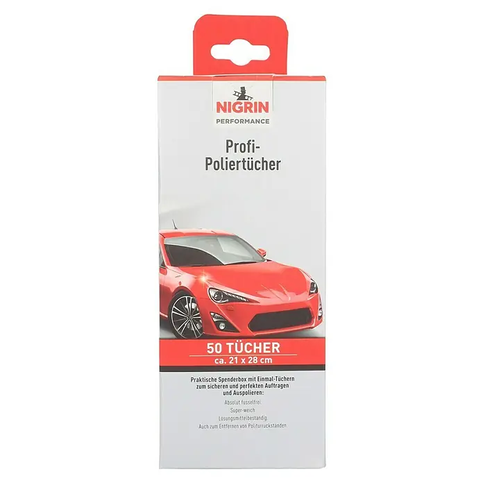 Nigrin Performance Poliertücher - 50 Stk., Fusselfrei - Abbildung einer Packung Nigrin Profi-Poliertücher, die 50 Tücher in der Größe ca. 21 x 28 cm enthält und für sicheres Auftragen sorgt.