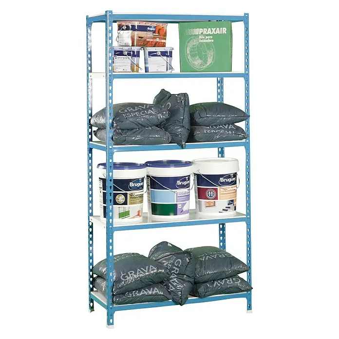 Simonrack Simonclick Metallregal Simonclick Plus - H x B x T: 200 x 100 x 50 cm, Traglast pro Boden: 180 kg, Anzahl Böden: 5 Stk., Stecken, Blau/Weiß - Ein blaues Regal mit Farbbehältern, Säcken mit Kies und einer grünen Box, ideal für die Aufbewahrung in Werkstatt oder Garage.