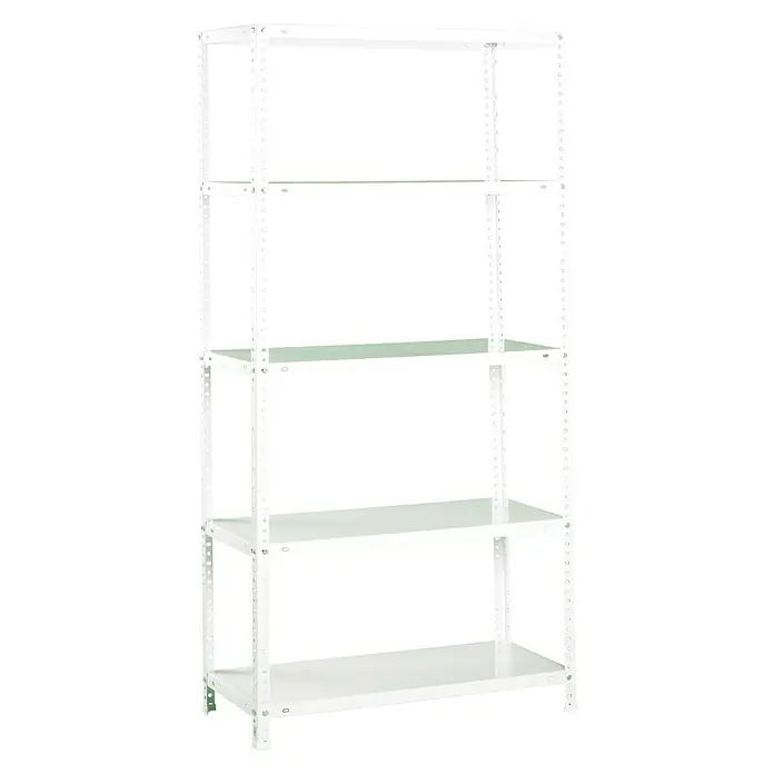 Simonrack Simonclassic Estantería metálica Comfort Plus - Al x An x Pr: 200 x 100 x 30 cm, Capacidad de carga por balda: 100 kg, Número de baldas: 5 ud., Atornillado, Blanco - Imagen de una estantería metálica blanca con cinco niveles, ideal para almacenamiento y organización. La estantería es robusta y fácil de montar.
