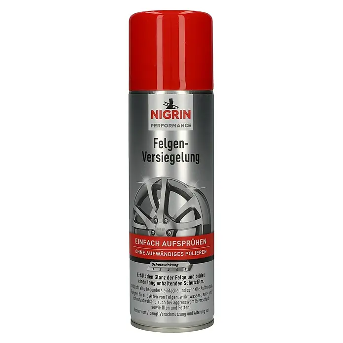 Nigrin Felgenversiegelung - 300 ml - Produktbild von Nigrin Felgenversiegelung. Schützt Felgen vor Schmutz, Bremsstaub, Wasser und Salz. Einfach aufzutragen ohne aufwändiges Polieren.