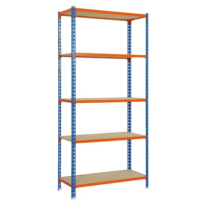 Simonrack Maderclick Estantería metálica Mini - Al x An x Pr: 180 x 80 x 30 cm, Capacidad de carga por balda: 150 kg, Número de baldas: 5 ud., Inserción, Azul/Naranja - Imagen de una estantería resistente azul y naranja con cinco estantes. Ideal para el almacenamiento y la organización.