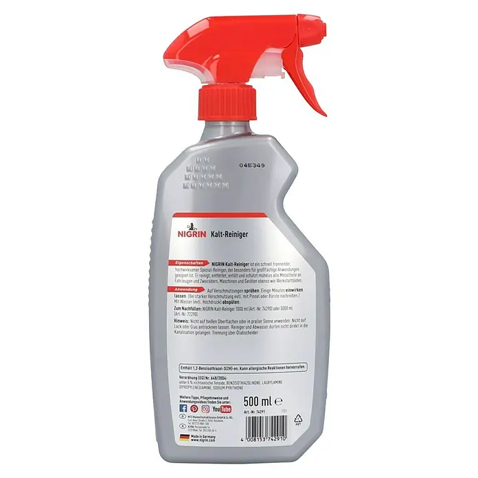 Nigrin Kaltreiniger - 500 ml - Nigrin Kalt-Reiniger Sprühflasche. Der Reiniger ist ideal für Fahrzeuge, Maschinen und Werkstattböden und entfernt mühelos Verschmutzungen.