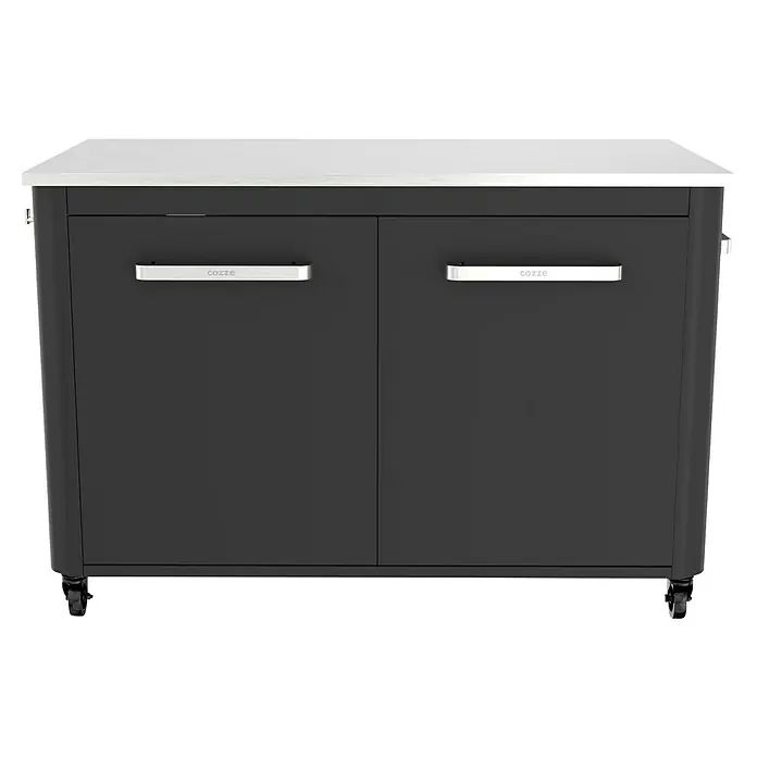 Cozze Outdoorküchen-Modul - Schwarz, B x T x H: 120 x 60 x 90 cm - Produktansicht eines Küchenschranks mit zwei Türen, weißer Platte und Rollen für einfachen Transport. Praktisch und stilvoll für die Küche.