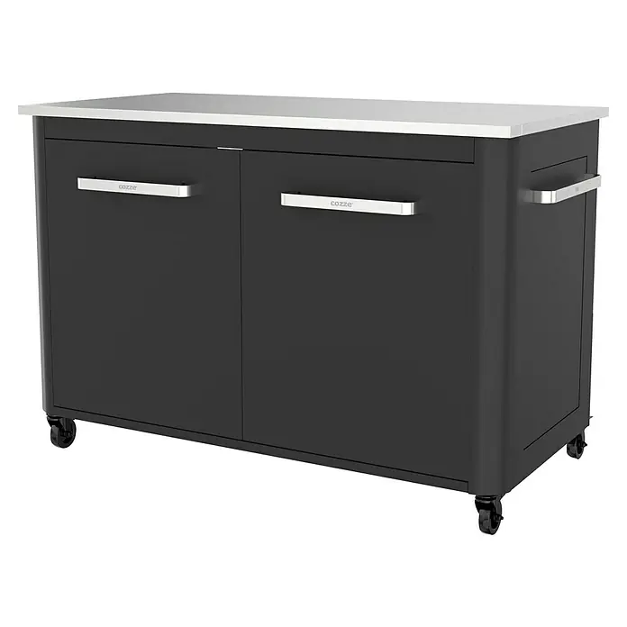 Cozze Outdoorküchen-Modul - Schwarz, B x T x H: 120 x 60 x 90 cm - Bild eines schwarzen Cozze-Outdoor-Küchenschranks mit silberner Arbeitsplatte und Griffen. Praktisches und stilvolles Design für den Außenbereich.