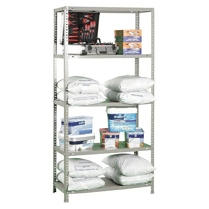 Simonrack Simonclassic Metallregal Comfort Plus - H x B x T: 200 x 100 x 50 cm, Traglast pro Boden: 100 kg, Anzahl Böden: 5 Stk., Schrauben, Grau - Ein graues Metallregal mit fünf Fächern, voll mit Werkzeugkasten, Sicherheitschuhen, Farbbehältern und Sandsäcken.