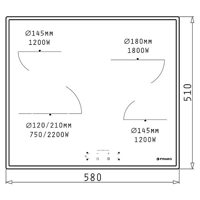Pyramis Kochfeld PHC61530IFB - L x B: 51 x 58 cm, Anzahl Normalkochstellen: 5 Stk., Schwarz - Technische Zeichnung eines Pyramis Elektrokochfelds mit 4 Kochzonen (max. 210mm, 2200W) und Maßen 580x510mm.