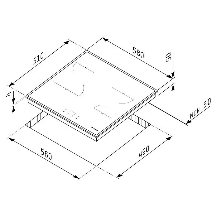 Pyramis Kochfeld PHC61530IFB - L x B: 51 x 58 cm, Anzahl Normalkochstellen: 5 Stk., Schwarz - Technisches Diagramm eines schwarzen Keramikkochfeldes mit Gesamtmaßen (580x510 mm) und Ausschnittmaßen (560x490 mm).