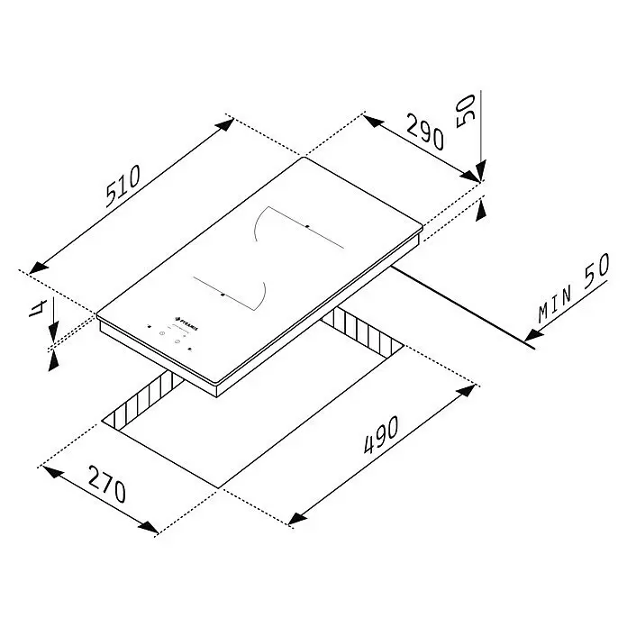 Pyramis Kochfeld PHC31233FMW - L x B: 51 x 29 cm, Anzahl Normalkochstellen: 2 Stk., Weiß - Schema einer schwarzen Glaskeramik-Induktionskochplatte mit 2 Kochzonen und Einbaumaßen für einen Arbeitsplattenausschnitt.