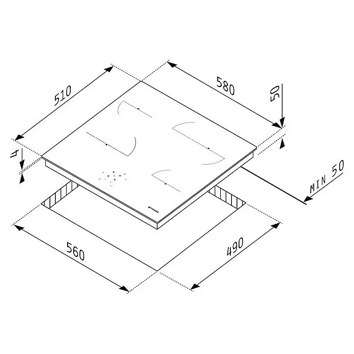 Pyramis Kochfeld PHC61631BFB - L x B: 51 x 58 cm, Anzahl Normalkochstellen: 6 Stk. - Technische Zeichnung eines Pyramis Kochfelds mit Einbaumaßen, einschließlich Gesamtgröße, Ausschnitt und Mindestabstand.