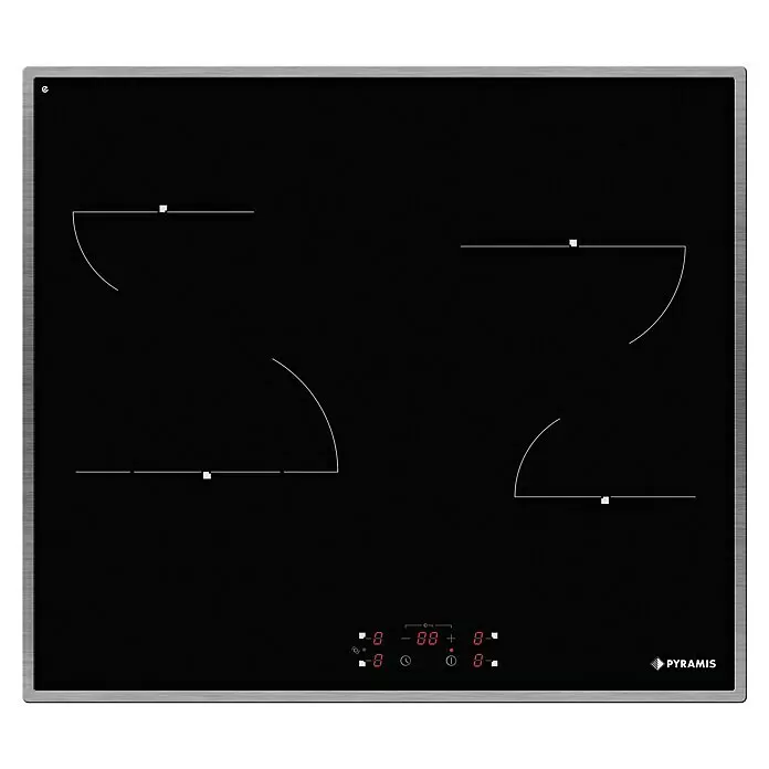 Pyramis Kochfeld PHC61530IFB - L x B: 51 x 58 cm, Anzahl Normalkochstellen: 5 Stk., Schwarz - Schwarzes Glaskeramik-Induktionskochfeld mit vier Kochzonen, silbernem Rahmen und roten digitalen Touch-Bedienelementen.