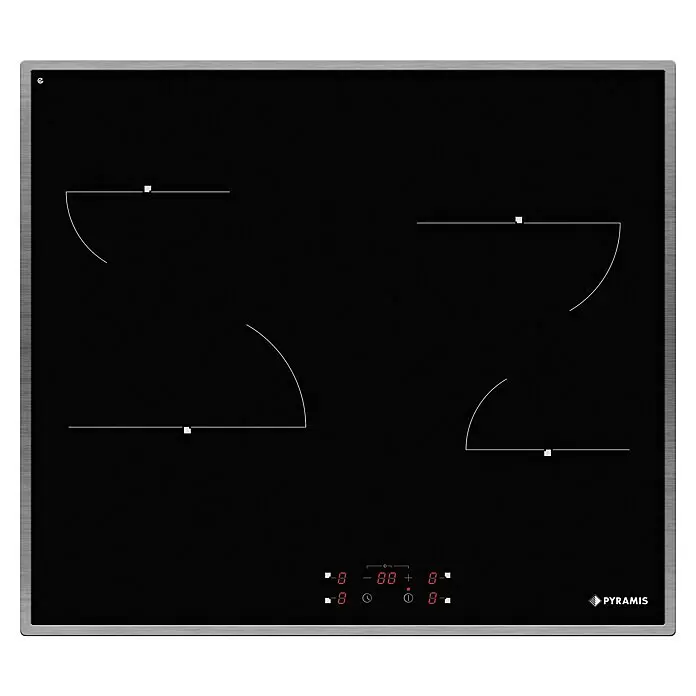 Pyramis Kochfeld PHC61430IFB - L x B: 51 x 58 cm, Anzahl Normalkochstellen: 4 Stk., Mit Rahmen - Schwarzes Glaskeramik-Induktionskochfeld mit silbernem Rahmen, vier Kochzonen und Touch-Bedienung.