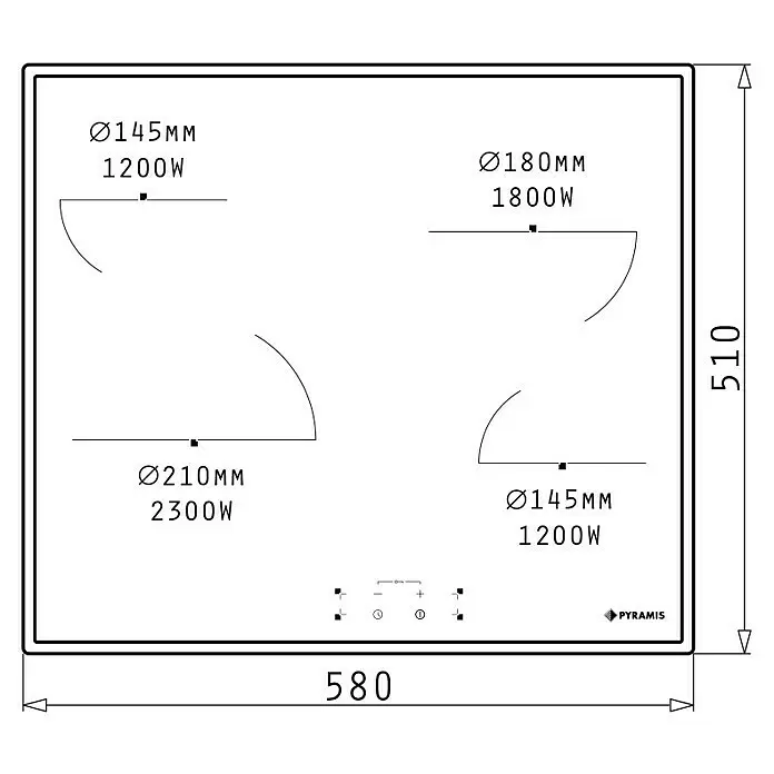 Pyramis Kochfeld PHC61430IFB - L x B: 51 x 58 cm, Anzahl Normalkochstellen: 4 Stk., Mit Rahmen - Technische Zeichnung eines 4-Zonen-Kochfelds, 580x510mm, mit Zonen-Größen (145-210mm) und Leistung.