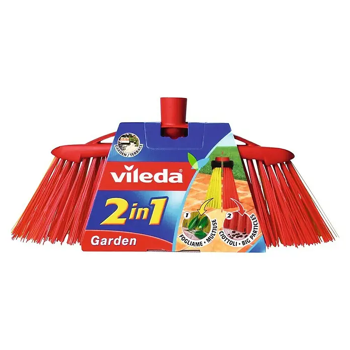 Vileda Escoba para interior Exteriores - Rojo - La imagen muestra una escoba de jardín roja Vileda 2 en 1, diseñada para la limpieza de jardines y terrazas, adecuada para hojas y partículas grandes.
