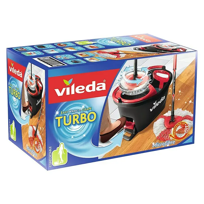 Vileda Set de mopa Turbo set - 3 pzs. - Embalaje en caja del juego de fregona giratoria Vileda EasyWring Turbo con mopa de microfibra para una limpieza de suelos eficiente y cómoda.