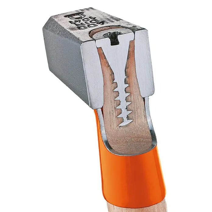 Picard Schreinerhammer SecuTec® - Gewicht Kopf: 230 g, Spezialstahl - Detailaufnahme eines Fäustels mit einem orangefarbenen Griff, der einen Einblick in die Verzahnung des Metalls im Inneren des Kopfes bietet.