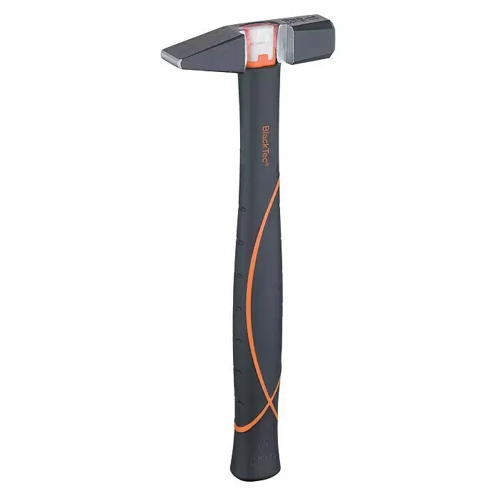 Picard Schlosserhammer BlackTec® - Gewicht Kopf: 500 g, Glasfaserverstärkter Kunststoff (GfK) - Moderner Hammer mit dunkelgrauem Griff, orangefarbenen ergonomischen Akzenten und einem grauen Metallkopf mit sichtbarem stoßdämpfendem Einsatz.