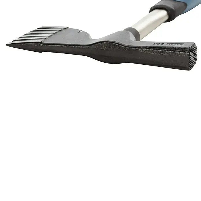 Picard Zahnbeil RS - Gewicht Kopf: 600 g, Stahl - Nahaufnahme eines PICARD Schweißelektroden-Meißelhammers mit blauem Griff. Das Werkzeug ist robust und präzise gefertigt.