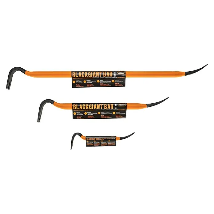 Picard Nageleisen-Set BlackGiant-Bar® - Spezialstahl, 3 -tlg. - Abbildung von drei Brecheisen von Picard, dem BlackGiant Bar, in verschiedenen Größen mit orangefarbenem Griff und schwarzem Kopf.