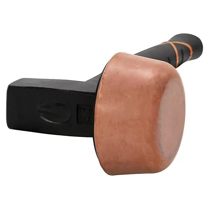 Picard Plattenlegerhammer BlackTec® - Form: Rund, Material Schlagkopf: Gummi - Nahaufnahme eines Schonhammers mit schwarzem Kopf und Kupferaufsatz, ideal für präzise Arbeiten.