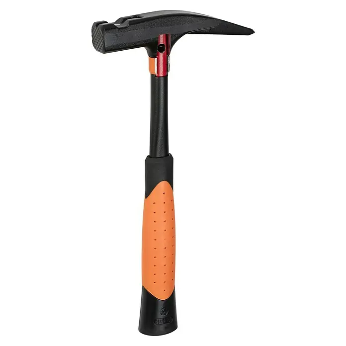 Picard Latthammer BlackGiant® - Gewicht Kopf: 600 g, Spezialstahl - Abgebildet ist ein Maurerhammer mit einem schwarzen Kopf und einem orangefarbenen Griff mit Löchern für besseren Halt.