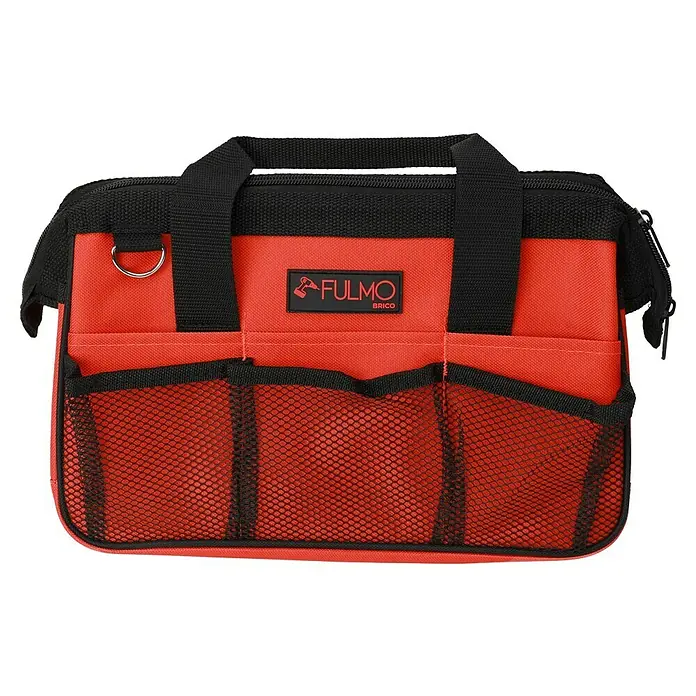 Fulmo Bolsa para herramientas - An x Pr x Al: 15 x 32 x 21 cm, Poliéster, 25 pzs. - Bolsa de herramientas roja con múltiples compartimentos y bolsillos de malla negra, ideal para organizar y transportar tus herramientas.