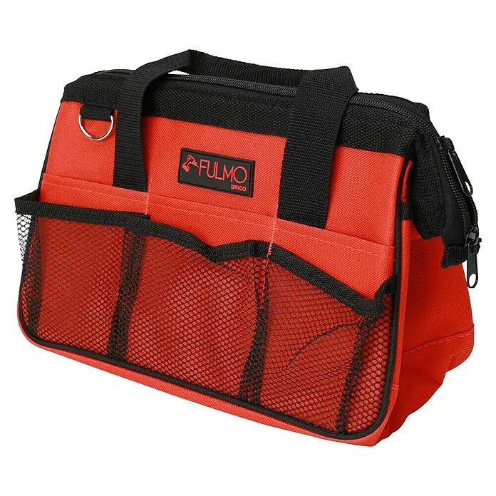 Fulmo Bolsa para herramientas - An x Pr x Al: 15 x 32 x 21 cm, Poliéster, 25 pzs. - Bolsa de herramientas roja y negra con el logo Fulmo Brico, ideal para guardar y transportar herramientas para artesanos y aficionados al bricolaje.