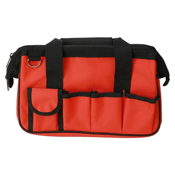 Fulmo Bolsa para herramientas - An x Pr x Al: 15 x 32 x 21 cm, Poliéster, 25 pzs. - Primer plano de una bolsa de herramientas roja con detalles negros, asas robustas y bolsillos externos prácticos. Ideal para artesanos.