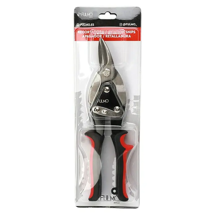 Fulmo Tijeras para chapa - Largo: 56 cm, Acero - Tijeras de aviación Fulmo empaquetadas con mangos rojos y negros. Estas tijeras son ideales para cortes precisos en metal y otros materiales.